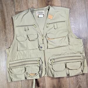 Cabelas Three Forks Fly Fishing Vest Mens M Tan Multi Pocket Outdoor Utility